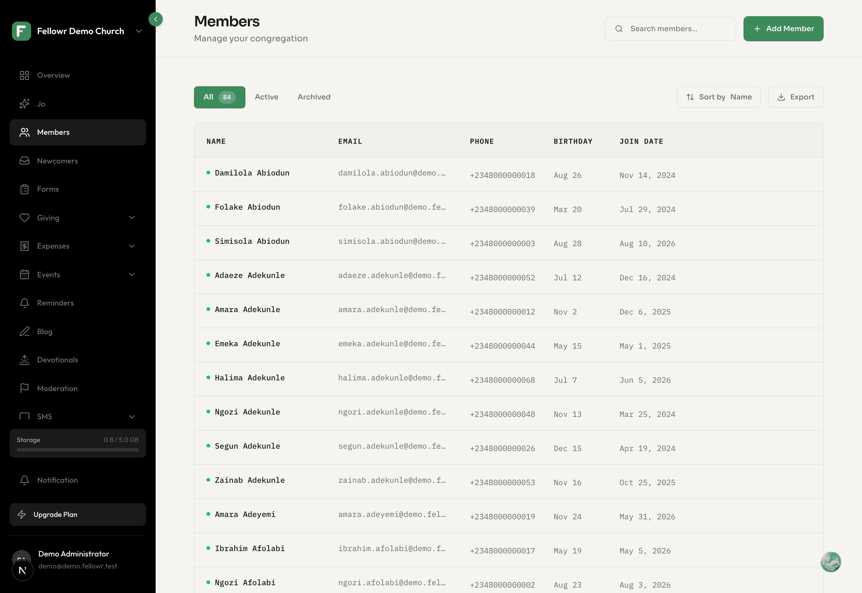 The member directory: 84 members with search, birthdays and join dates
